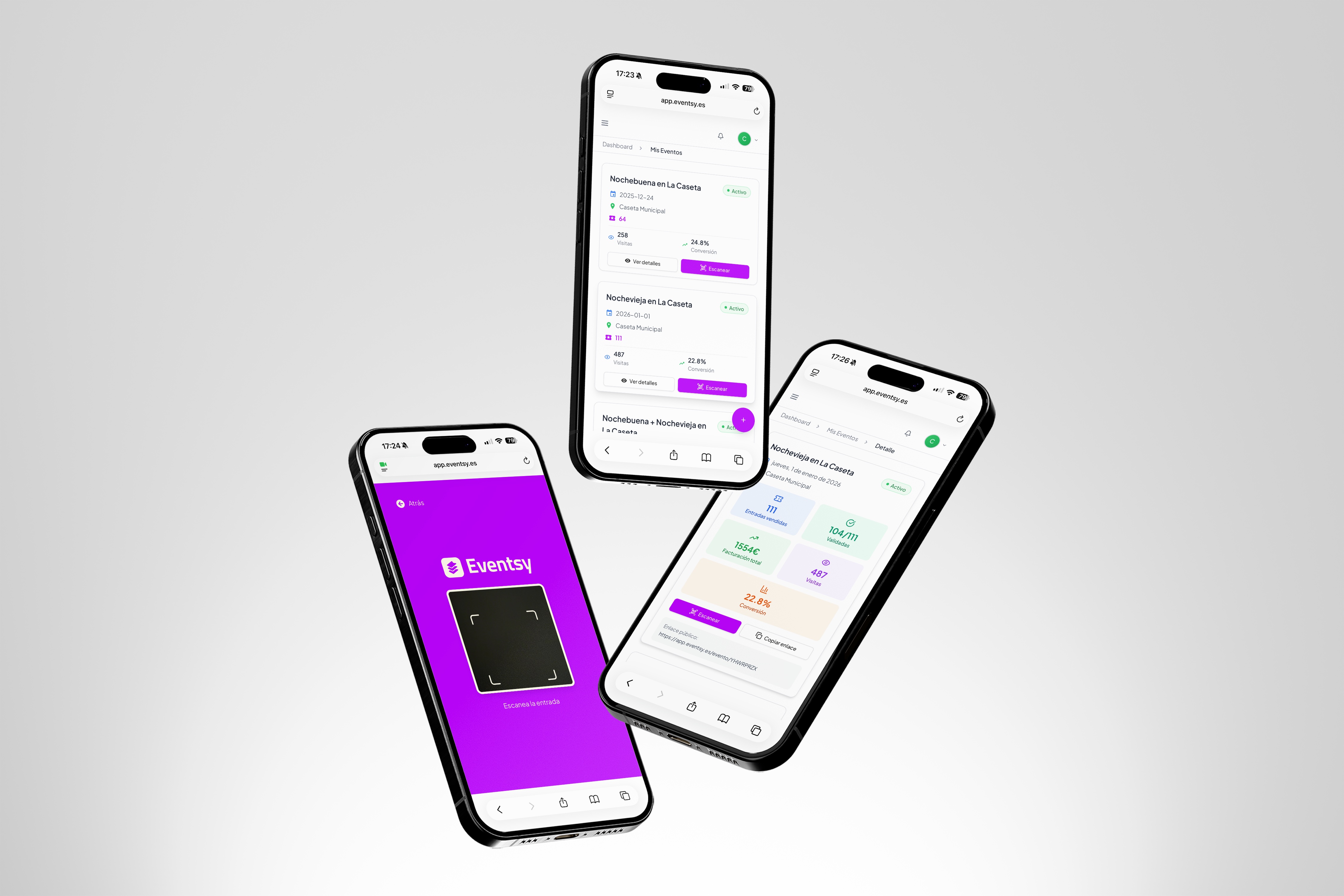 Aplicación móvil Eventsy — dashboard, escáner de entradas y métricas en tiempo real
