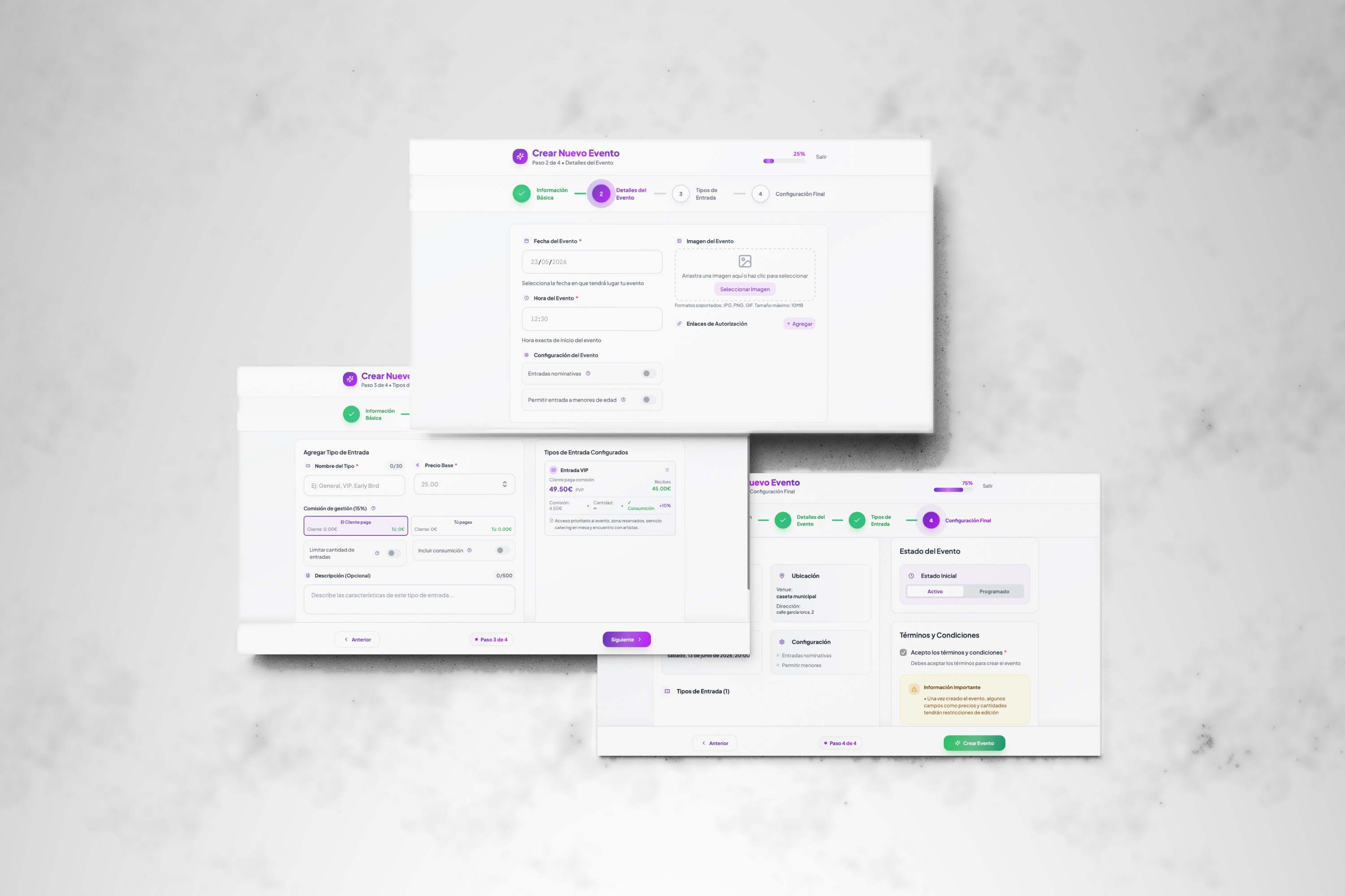 Pantallas de creación y configuración de evento en Eventsy — diseño UI Ascndr